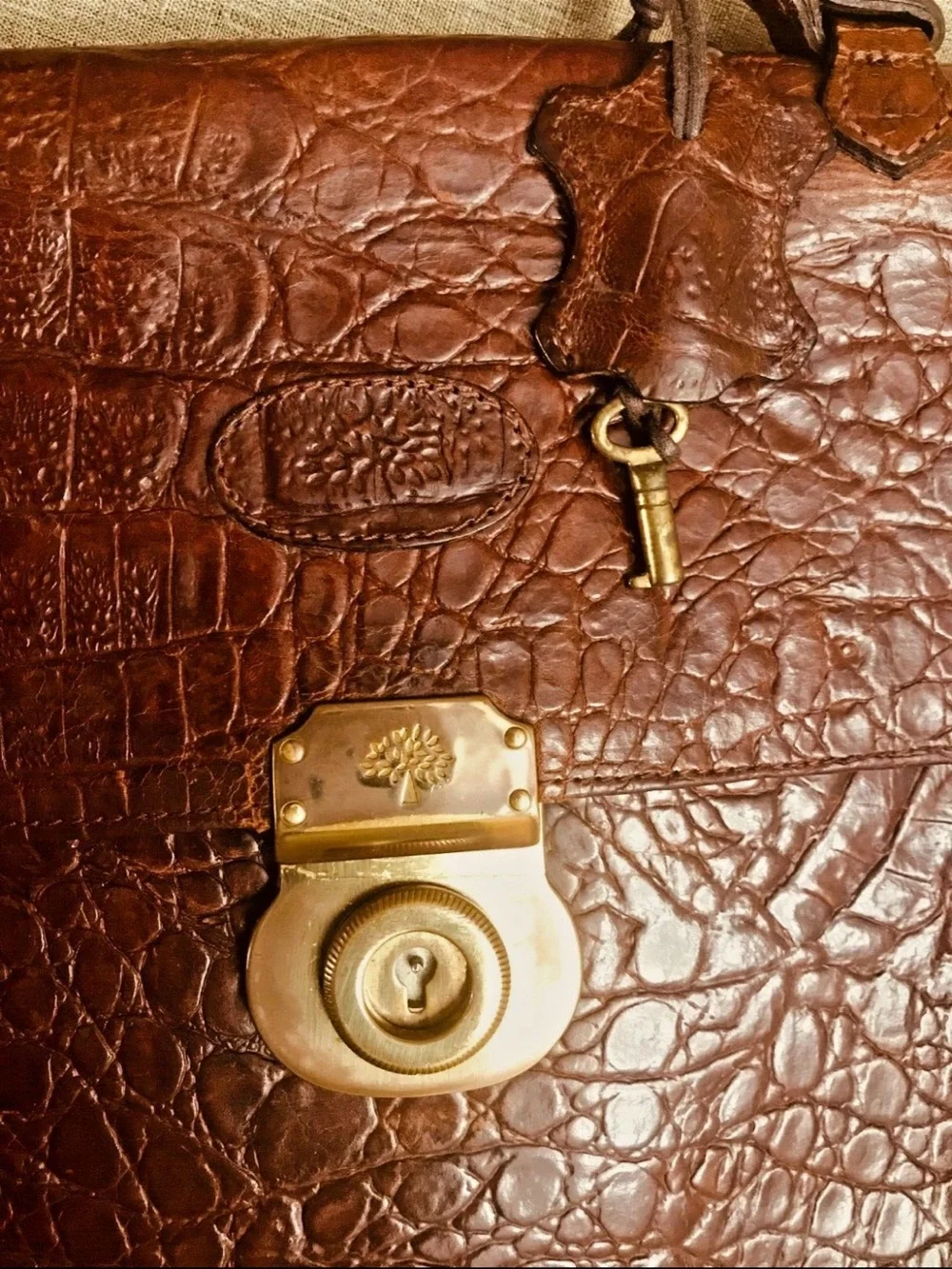 Mulberry Dark Brown Croc-Embossed Leather Briefcase with Gold Hardware